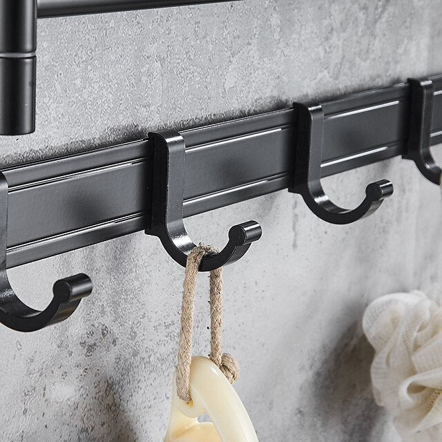 Stainless Steel Towel Rack,Bathroom Towel Rack with Shelf,Foldable Towel Shelf with Movable Hooks Rustproof Towel Storage Wall Mount for Bathroom Lavatory Matte Black