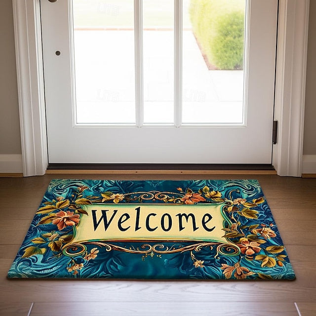 Welcome Floral Doormat Floor Mats Washable Rugs Kitchen Mat Non-Slip Oil Proof Rug Indoor Outdoor Mat Bedroom Decor Bathroom Mat Entrance Rug