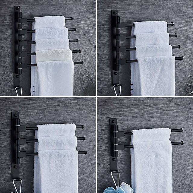 Matte Black Towel Bar with Hook,Self Adhesive Wall Mounted Swing Arm Contemporary Aluminum Multi Rods Towel Bar 1PC