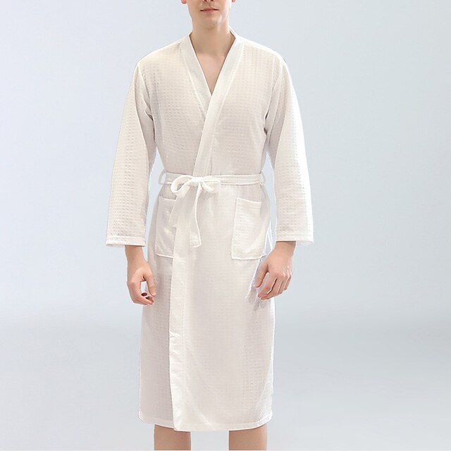 Men's Pajamas Robe Bathrobe Bath Robe Plain Stylish Casual Classic Home Waffle Fabric Comfort Breathable Soft V Neck Long Robe Pocket Spring Summer White Dark Blue