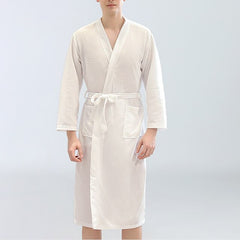 Men's Pajamas Robe Bathrobe Bath Robe Plain Stylish Casual Classic Home Waffle Fabric Comfort Breathable Soft V Neck Long Robe Pocket Spring Summer White Dark Blue