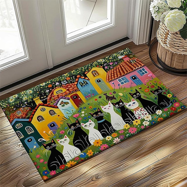 Folk Art Cats Doormat Kitchen Mat Floor Mat Non-Slip Area Rug Oil Proof Rug Indoor Outdoor Mat Bedroom Decor Bathroom Mat Entrance Entreyway Rug