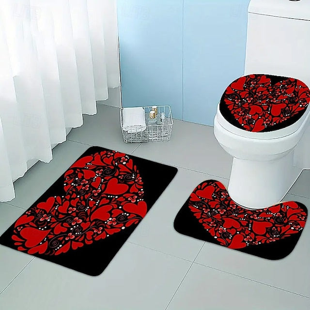 3 Piece Happy Valentine's Day Red heart love themed Bathroom Rug - non-slip washable kitchen bedroom and bathroom decorative mat - includes bath mat contouring mat and toilet lid cover accessories