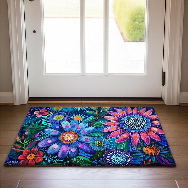 Pointillism Flowers Doormat Floor Mats Washable Rugs Kitchen Mat Non-Slip Oil Proof Rug Indoor Outdoor Mat Bedroom Decor Bathroom Mat Entrance Rug