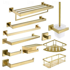 Bathroom Hardware Accessories Stainless Steel Wall Mounted Brushed Nickel Towel Bar Hand Towel Holder Toilet Paper Holder Robe Towel Hook Coat Hook Towel Bar (Gold)