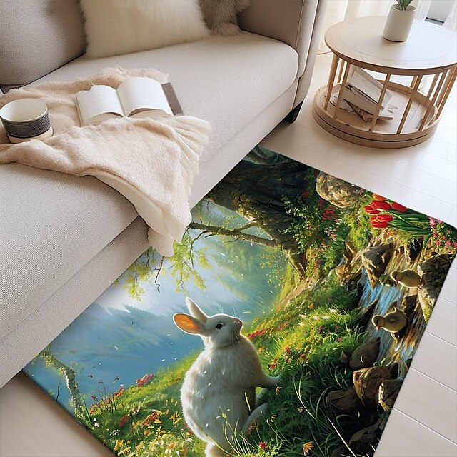 Forest Easter Bunny Area Rug Kitchen Mat Non-Slip Oil Proof Floor Mat Livingroom Rug Indoor Outdoor Mat Bedroom Decor Bathroom Mat Entrance Rug Door Mat