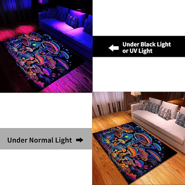 Fantasy Mushroom Blacklight Rug Carpet Floor Mat UV Reactive Glow in the Dark Rug Large Non-Slip Rug Mat Carpet for Room Decor