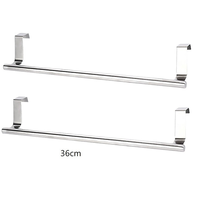 2 Pieces Punch Free Door Rear Hook Towel Rack Over Door Stainless Steel Single-bar Towel Rack Bathroom Kitchen Non-perforated Towel Rail Rag Rack Shelf Hanger