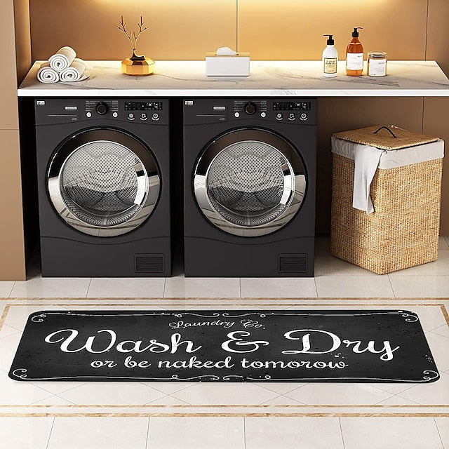 Laundry Bath Mat Non-slip Runner Non Skid Machine Washable Area Rugs Laundry Decor for Kitchen, Bath, Washroom Blue White