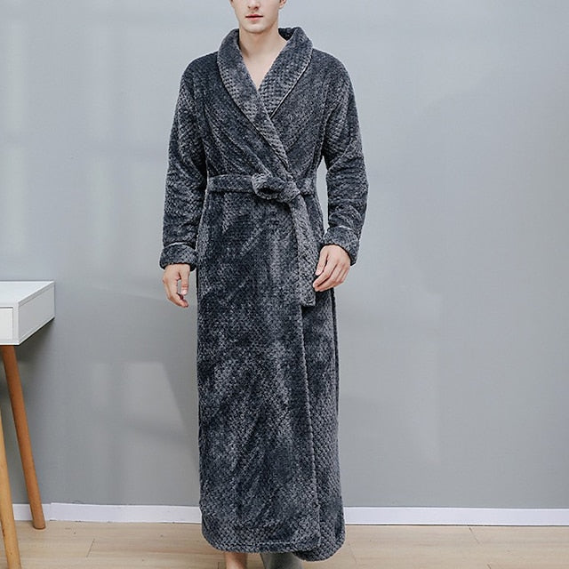 Men's Robe Bathrobe Bath Robe Towel Robe Plain Stylish Casual Classic Home Flannel Comfort Warm Soft V Neck Long Robe Pocket Winter Black White