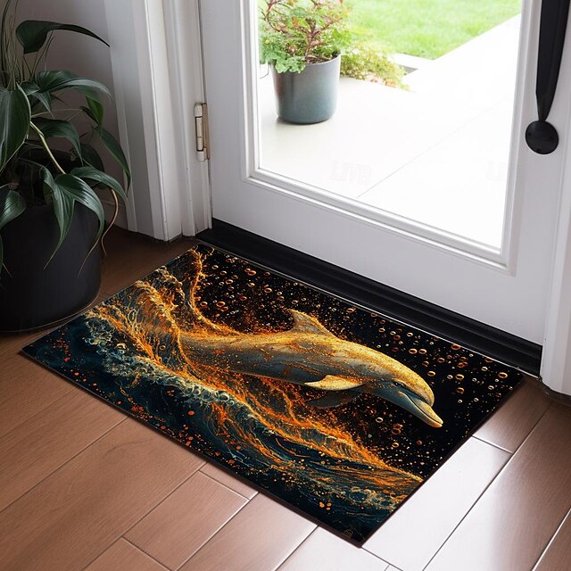 Gold Dolphin Doormat Non-Slip Oil Proof Rug Indoor Outdoor Mat Bedroom Decor Bathroom Mat Entrance Rug Door Mat