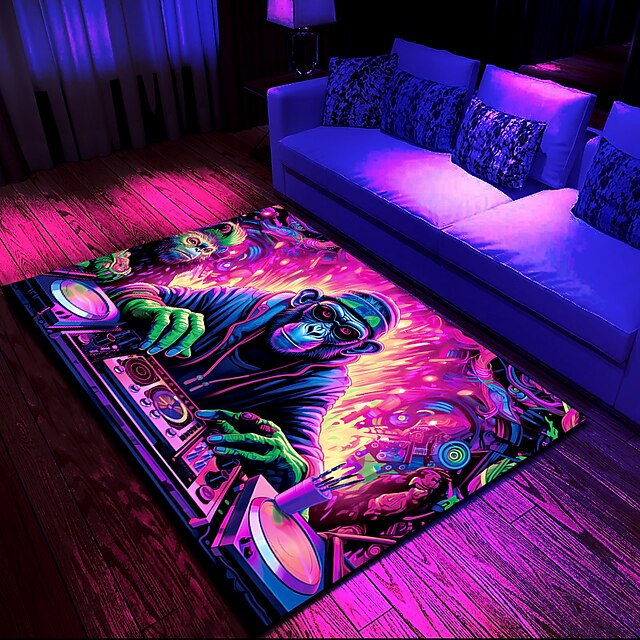 Blacklight Rug UV Reactive Glow in the Dark Area Rug Kitchen Mat Non-Slip Oil Proof Chimpanzees DJ Floor Mat Livingroom Rug Indoor Outdoor Mat Bedroom Decor Bathroom Mat Entrance Rug Door Mat