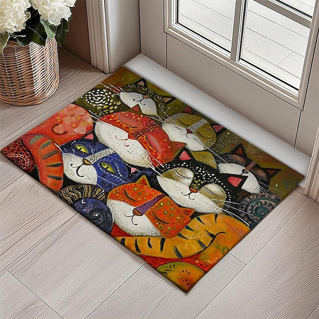 Folk Art Cats Doormat Kitchen Mat Floor Mat Non-Slip Area Rug Oil Proof Rug Indoor Outdoor Mat Bedroom Decor Bathroom Mat Entrance Entreyway Rug