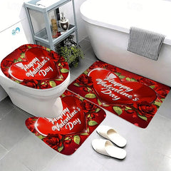 3 Piece Happy Valentine's Day Red heart love themed Bathroom Rug - non-slip washable kitchen bedroom and bathroom decorative mat - includes bath mat contouring mat and toilet lid cover accessories