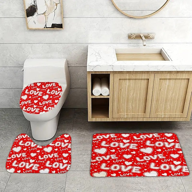 3 Piece Happy Valentine's Day Red heart love themed Bathroom Rug - non-slip washable kitchen bedroom and bathroom decorative mat - includes bath mat contouring mat and toilet lid cover accessories