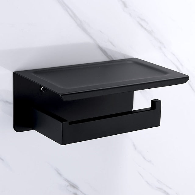 Bathroom Accessory Stainless Steel Include Robe Hook, Towel Bar, Towel Holder, Toilet Paper Holder with Shelf for Phone and Wash Supplies, Matte Black Bathroom