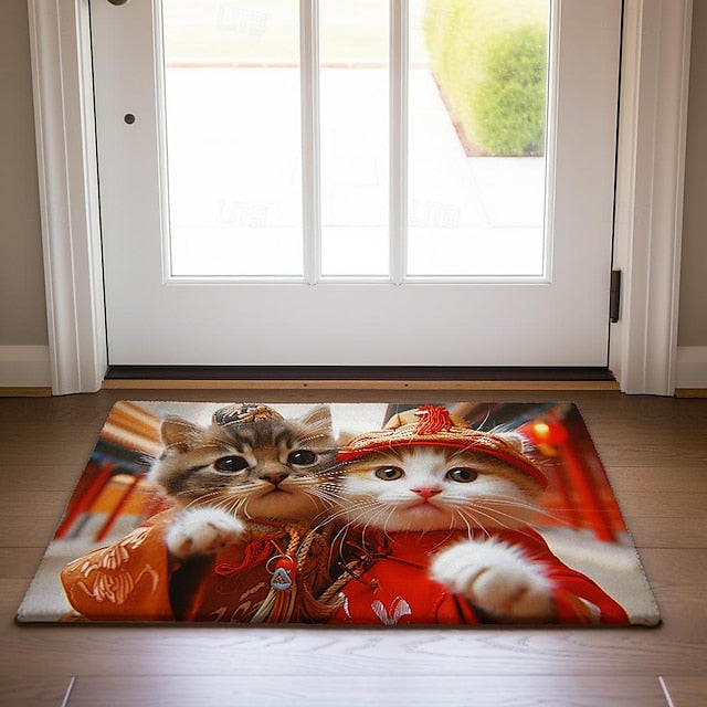 Red Cloth Cat Doormat Floor Mats Washable Rugs Kitchen Mat Non-Slip Oil Proof Rug Indoor Outdoor Mat Bedroom Decor Bathroom Mat Entrance Rug