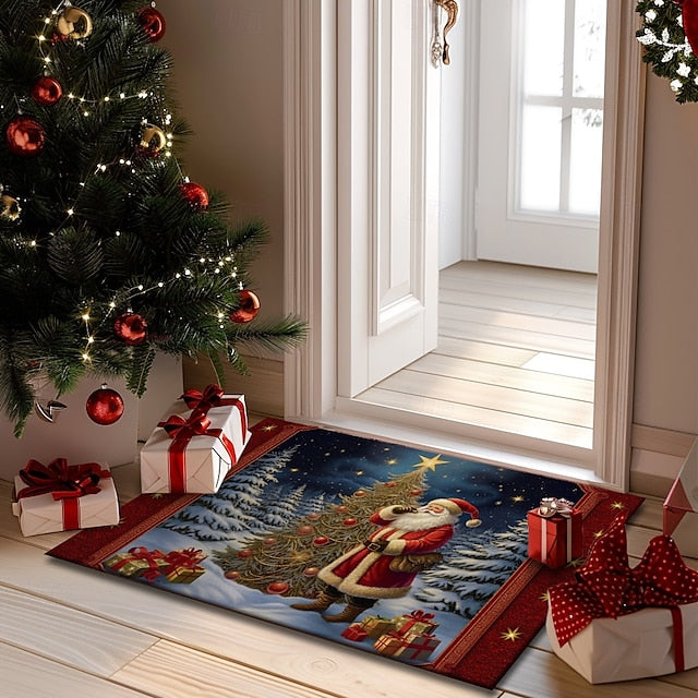 Christmas Decoration Doormat Xmas Santa Kitchen Mat Floor Mat Non-Slip Area Rug Oil Proof Rug Indoor Outdoor Mat Bedroom Decor Bathroom Mat Entrance Rug