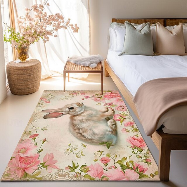 Forest Easter Bunny Area Rug Kitchen Mat Non-Slip Oil Proof Floor Mat Livingroom Rug Indoor Outdoor Mat Bedroom Decor Bathroom Mat Entrance Rug Door Mat