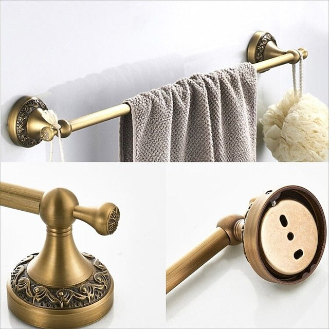 Golden Bathroom Accessory Towel Ring/Toilet Paper Holder/Robe Hook Antique Brass Bathroom Single Rod Wall Mounted Carved Design