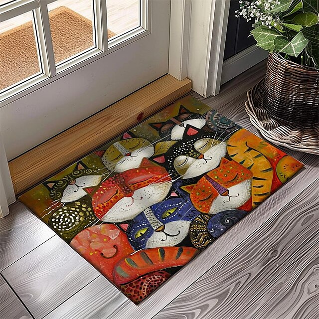 Folk Art Cats Doormat Kitchen Mat Floor Mat Non-Slip Area Rug Oil Proof Rug Indoor Outdoor Mat Bedroom Decor Bathroom Mat Entrance Entreyway Rug