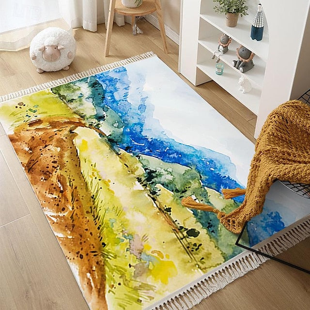 Hand Woven Cotton Linen Floor Mat Carpet Retro Oil Painting Round Bedside Tassel Aubusson Doormat Area Rug Bedroom Decor Bathroom Mat Entrance Rug