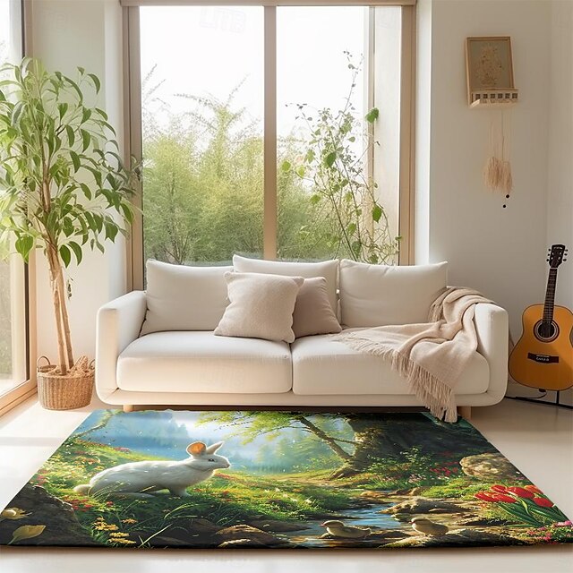 Forest Easter Bunny Area Rug Kitchen Mat Non-Slip Oil Proof Floor Mat Livingroom Rug Indoor Outdoor Mat Bedroom Decor Bathroom Mat Entrance Rug Door Mat