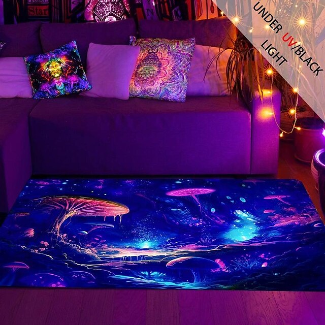 Mushroom Landscape Blacklight Rug Carpet Floor Mat UV Reactive Glow in the Dark Rug Large Non-Slip Rug Mat Carpet for Room Decor