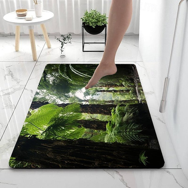 Forest Diatomaceous Earth Bath Mat Soft Mat Rubber Anti-Slip Fast Dry Super Absorbent Thin Bathroom Mat for Under Door - Bathroom Floor Mat Rug Bathtub Front Shower Mat Sink