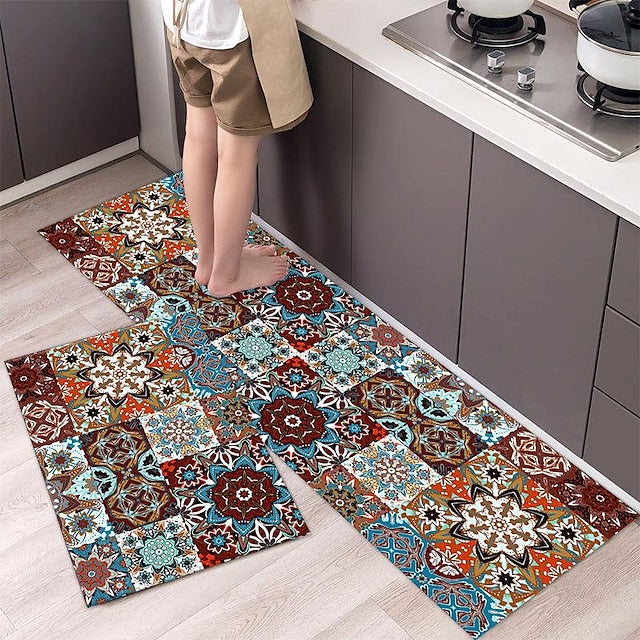 Boho Style Kitchen Mat Kitchen Rug Set of 2 Pcs,Perfect for Kitchen, Bathroom, Living Room, Soft, Absorbent Microfiber Material, Non-Slip, Easy Clean Machine Washable Floor Runner