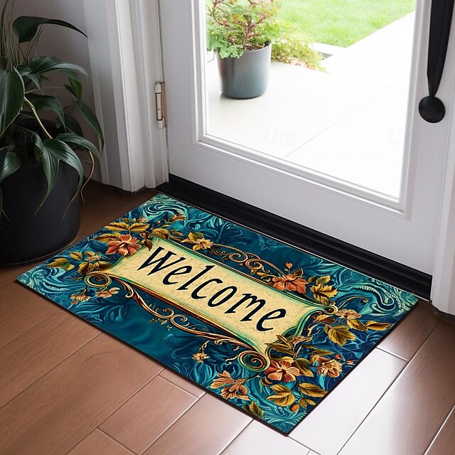 Welcome Floral Doormat Floor Mats Washable Rugs Kitchen Mat Non-Slip Oil Proof Rug Indoor Outdoor Mat Bedroom Decor Bathroom Mat Entrance Rug