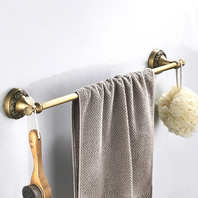 Golden Bathroom Accessory Towel Ring/Toilet Paper Holder/Robe Hook Antique Brass Bathroom Single Rod Wall Mounted Carved Design