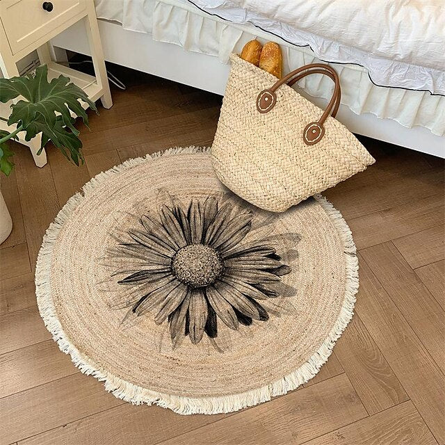 Hand Woven Cotton Linen Floor Mat Carpet Retro Bohemian Round Bedside Tassel Geometric Aubusson Doormat Area Rug Bedroom Decor Bathroom Mat Entrance Rug