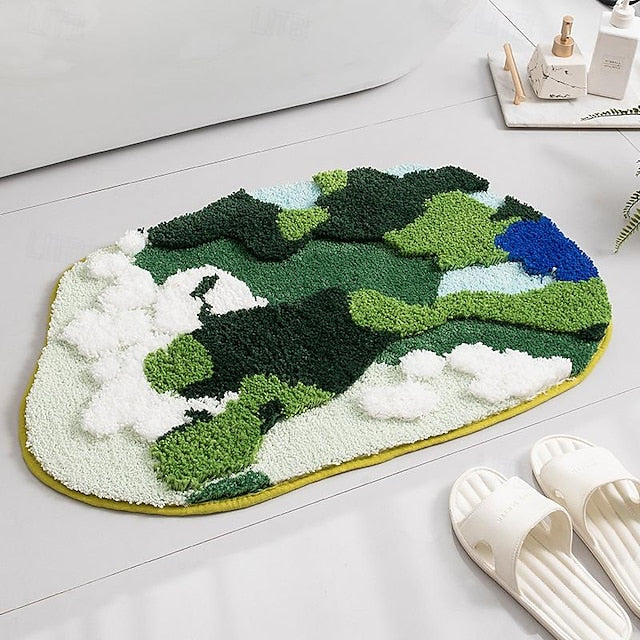 Green Moss Leaf Area Rug Floor Mat Non-Slip Moss Bathroom Rugs Super Absorbent Bath Mat Soft Microfiber Machine Washable Shower Mat Cute 3D Moss for Bathroom Entryway