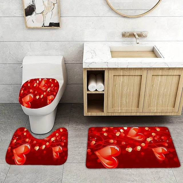 3pcs Romantic Valentine's Day love roses home bathroom floor mats Bath mat Snowman bathroom accessories rug Toilet mat Bathtub anti-slip carpet