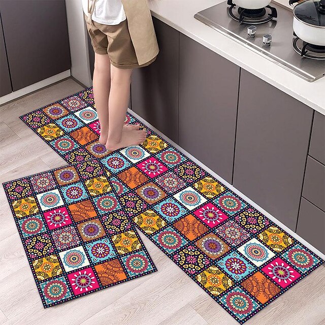 Boho Style Kitchen Mat Kitchen Rug Set of 2 Pcs,Perfect for Kitchen, Bathroom, Living Room, Soft, Absorbent Microfiber Material, Non-Slip, Easy Clean Machine Washable Floor Runner