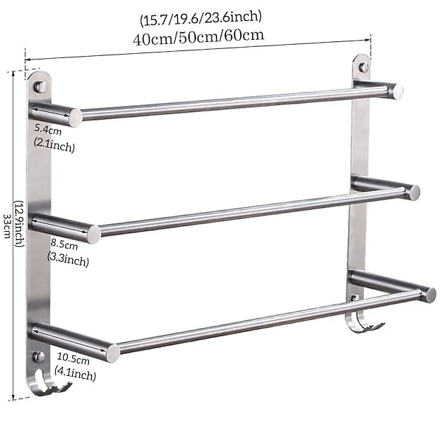 3-Tier Towel Rail with Hooks for Bathroom Wall Mounted Stainless Steel Towel Bar Brushed Nickel Towel Rack Rustproof Towel Bar 40/50/60CM(Silvery)