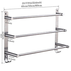 3-Tier Towel Rail with Hooks for Bathroom Wall Mounted Stainless Steel Towel Bar Brushed Nickel Towel Rack Rustproof Towel Bar 40/50/60CM(Silvery)