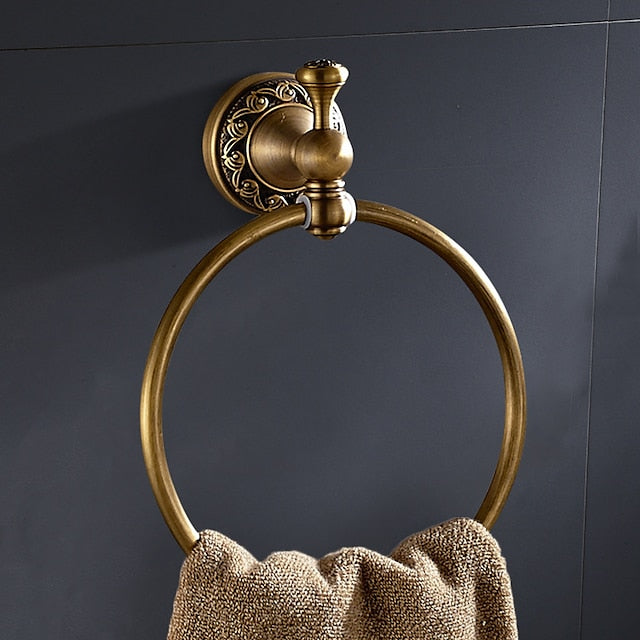 Golden Bathroom Accessory Towel Ring/Toilet Paper Holder/Robe Hook Antique Brass Bathroom Single Rod Wall Mounted Carved Design