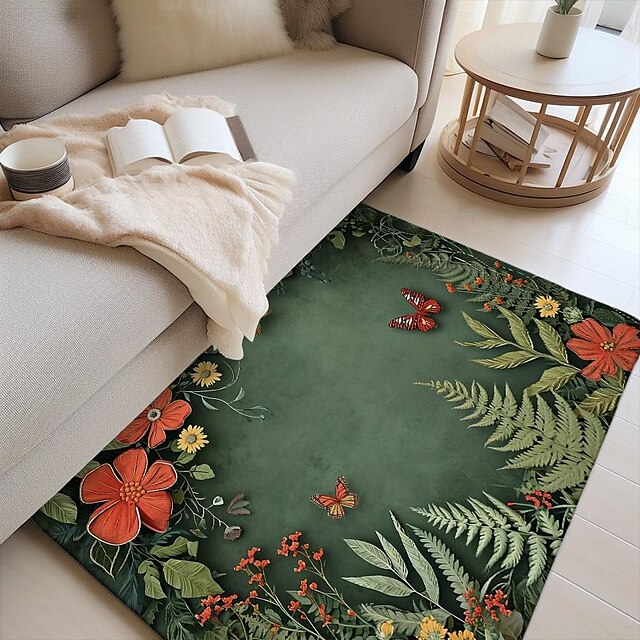 Green Butterfly Plant Area Rug Kitchen Mat Non-Slip Oil Proof Floor Mat Livingroom Rug Indoor Outdoor Mat Bedroom Decor Bathroom Mat Entrance Rug Door Mat