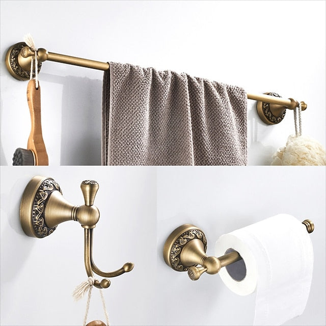 Golden Bathroom Accessory Towel Ring/Toilet Paper Holder/Robe Hook Antique Brass Bathroom Single Rod Wall Mounted Carved Design