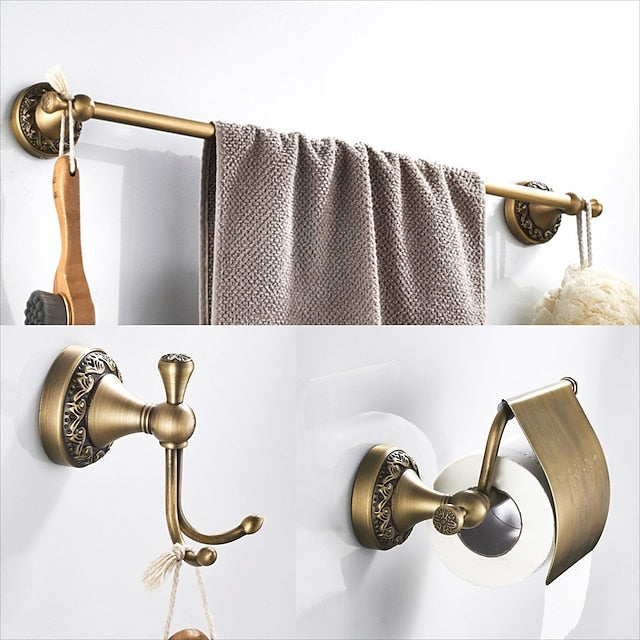 Golden Bathroom Accessory Towel Ring/Toilet Paper Holder/Robe Hook Antique Brass Bathroom Single Rod Wall Mounted Carved Design