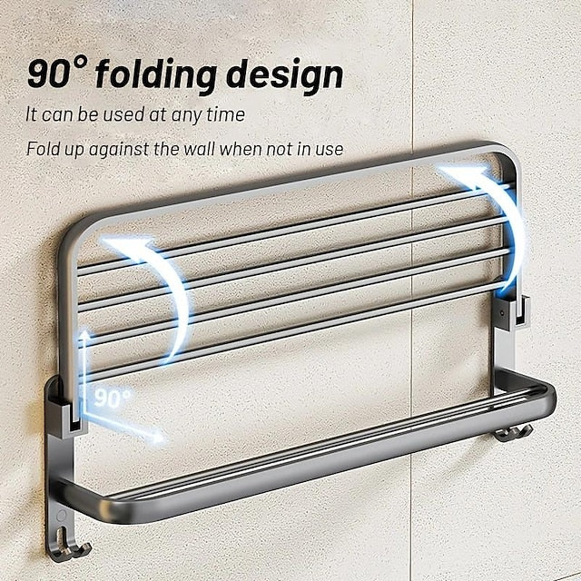 1pc Towel Rack For Bathroom, Folding Multi-layer Towel Bar, Wall Mounted Towel Holder, Bathroom Towel Hanger With Hook, Bathroom Storage And Organization, Bathroom Accessories