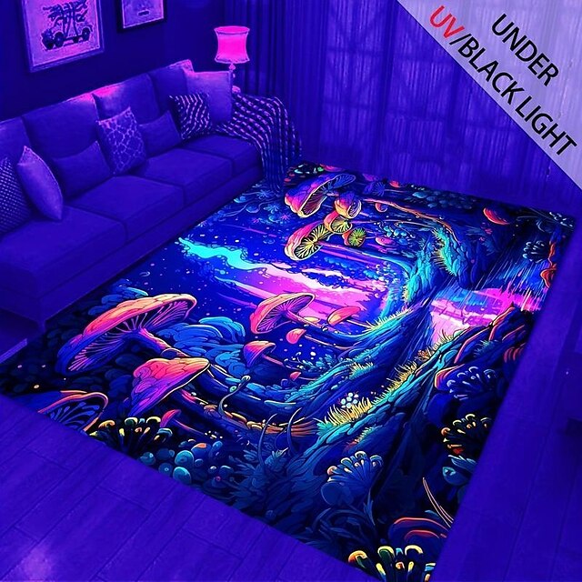 Mushroom Forest Blacklight Rug Carpet Floor Mat UV Reactive Glow in the Dark Rug Large Non-Slip Rug Mat Carpet for Room Decor