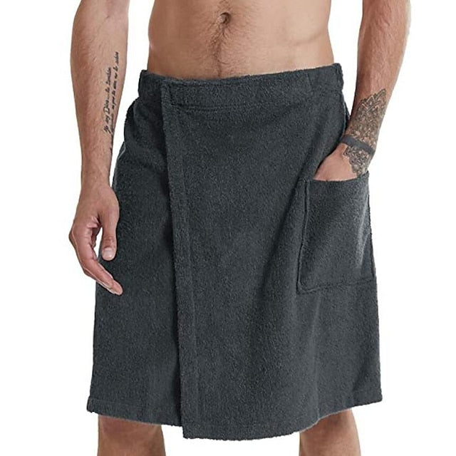 Mens Coral Fleece Bath Towel Wrap Towelling Bath Robes Bath Skirt with Pocket for Bath Fitness Travel Beach Swimming Surfing