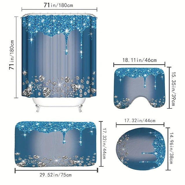 Bathroom Shower Curtain, Sparkling Diamond-Pattern Bathroom Curtain With 12 Hooks, Bathroom Non Slip Rugs, Toilet Cover Mat