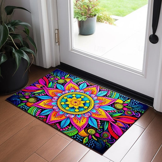 Painting Mandala Bohemian Doormat v Non-Slip Oil Proof Rug Indoor Outdoor Mat Bedroom Decor Bathroom Mat Entrance Rug