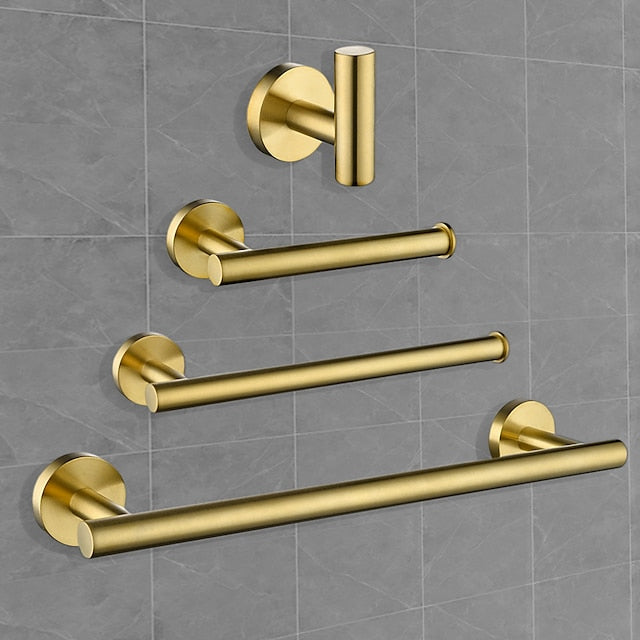 Bathroom Hardware Set Bath Accessory Kit 4 Piece Brushed Gold Metallic Bathroom Accessories Wall Mount 18 Inch Towel Bar Toilet Paper Holder Robe Clothes Hook Stainless Steel