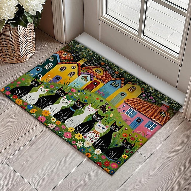 Folk Art Cats Doormat Kitchen Mat Floor Mat Non-Slip Area Rug Oil Proof Rug Indoor Outdoor Mat Bedroom Decor Bathroom Mat Entrance Entreyway Rug