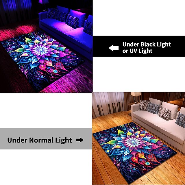 Blacklight Rug UV Reactive Glow in the Dark Area Rug Kitchen Mat Non-Slip Oil Proof Trippy Mandala Floor Mat Livingroom Rug Indoor Outdoor Mat Bedroom Decor Bathroom Mat Entrance Rug Door Mat